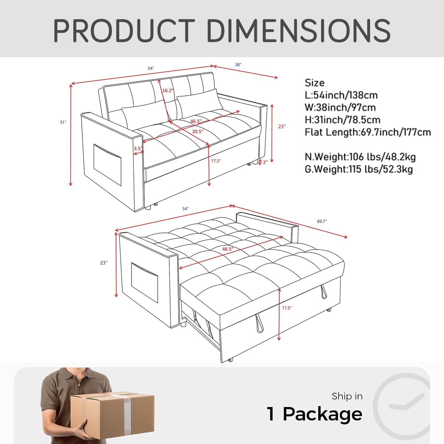 3 In 1 Velvet Convertible Sofa Bed, Pull Out Couch Bed with Reclining Backrest And 2 Pillows, 54