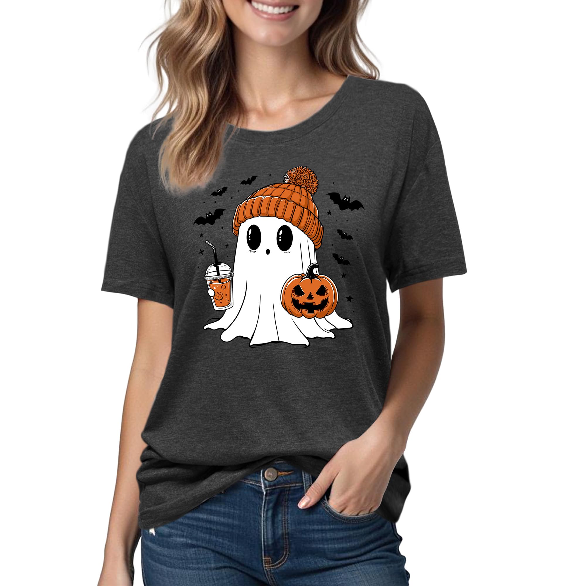Halloween Shirts for Women: Pumpkin Ghost Short Sl...