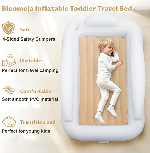 Inflatable Toddler Travel Bed with Safety Bumpers, 63 Inches Portable Kids Air Mattress with High-Speed Pump, Inflatable Toddler Bed for Travel Camping and Grandmas House, Khaki