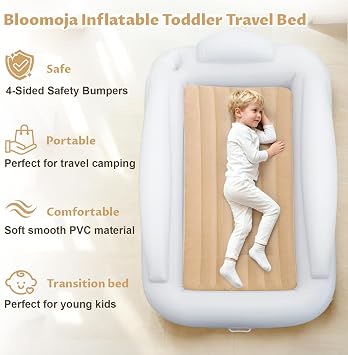 Inflatable Toddler Travel Bed with Safety Bumpers, 63 Inches Portable Kids Air Mattress with High-Speed Pump, Inflatable Toddler Bed for Travel Camping and Grandmas House, Khaki
