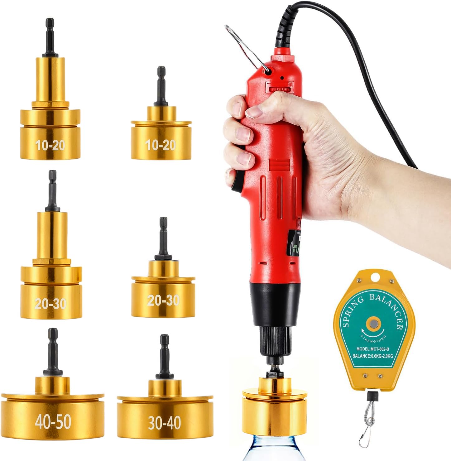 Huanyu Flaschen Verschließmaschine Elektrische Flaschenverschluss Capping Maschine für 10mm-50mm Durchmesser, Max.Geschwindigkeit 1300RPM (220V, Verschließer + 6 Schraubköpfe + Abzieher)