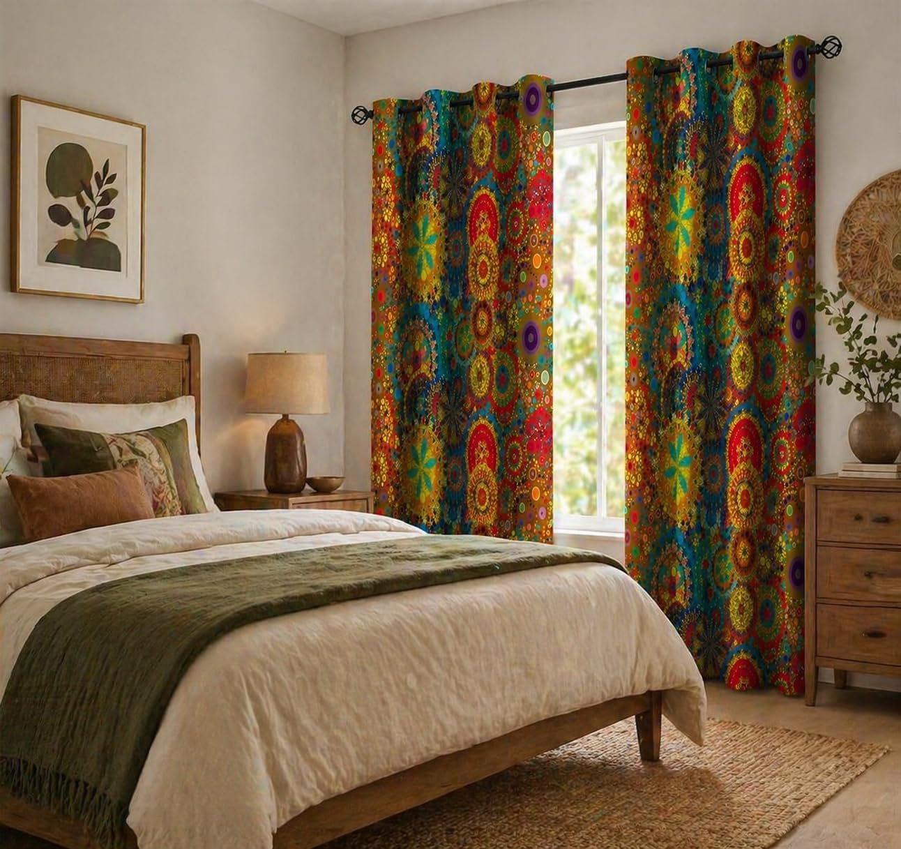 Boho Blackout Curtains, Modern Retro Hippie Pattern Room Darkening Thermal Insulated Grommet Window Drapes for Living Room Bedroom Decor 2 Panels 52x84 Inches