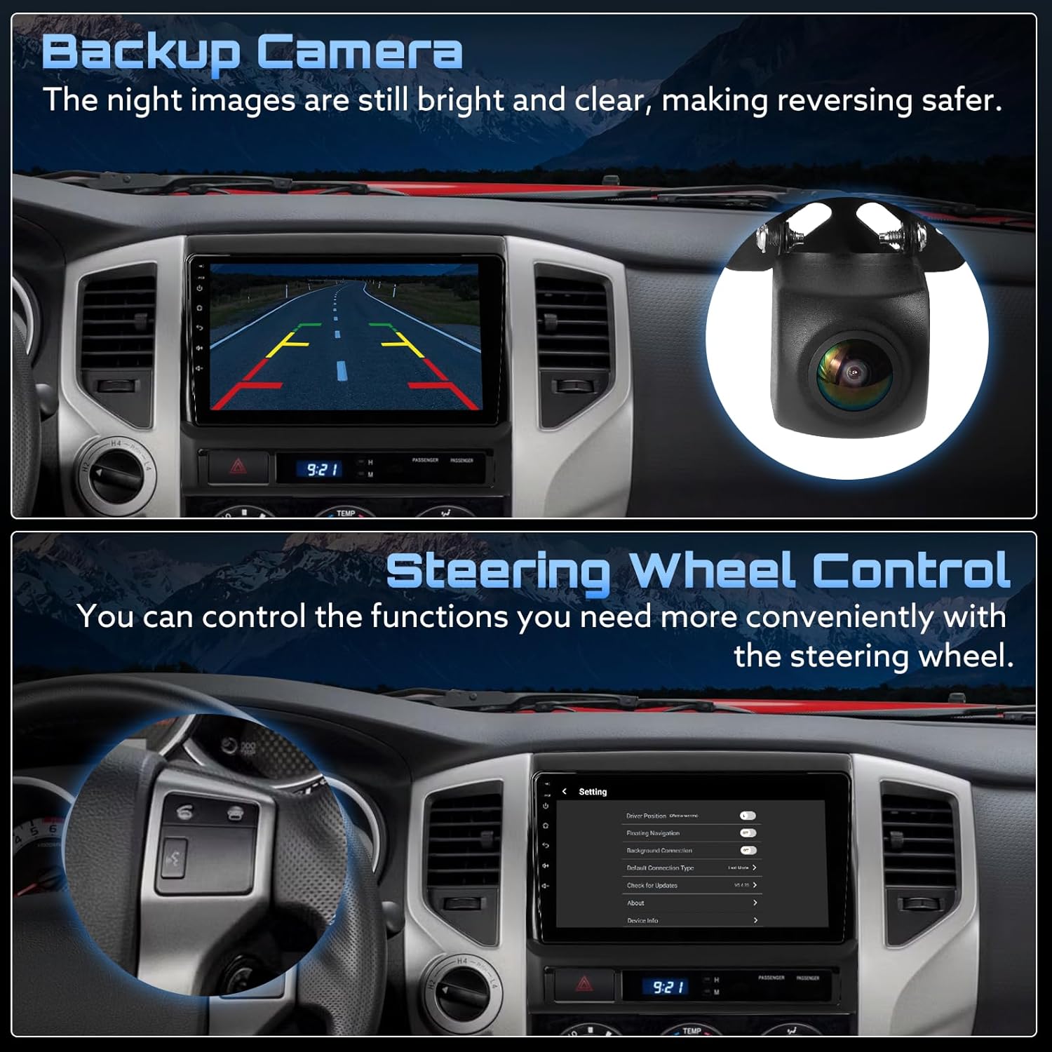 Image showing the backup camera view on the car stereo screen with parking lines