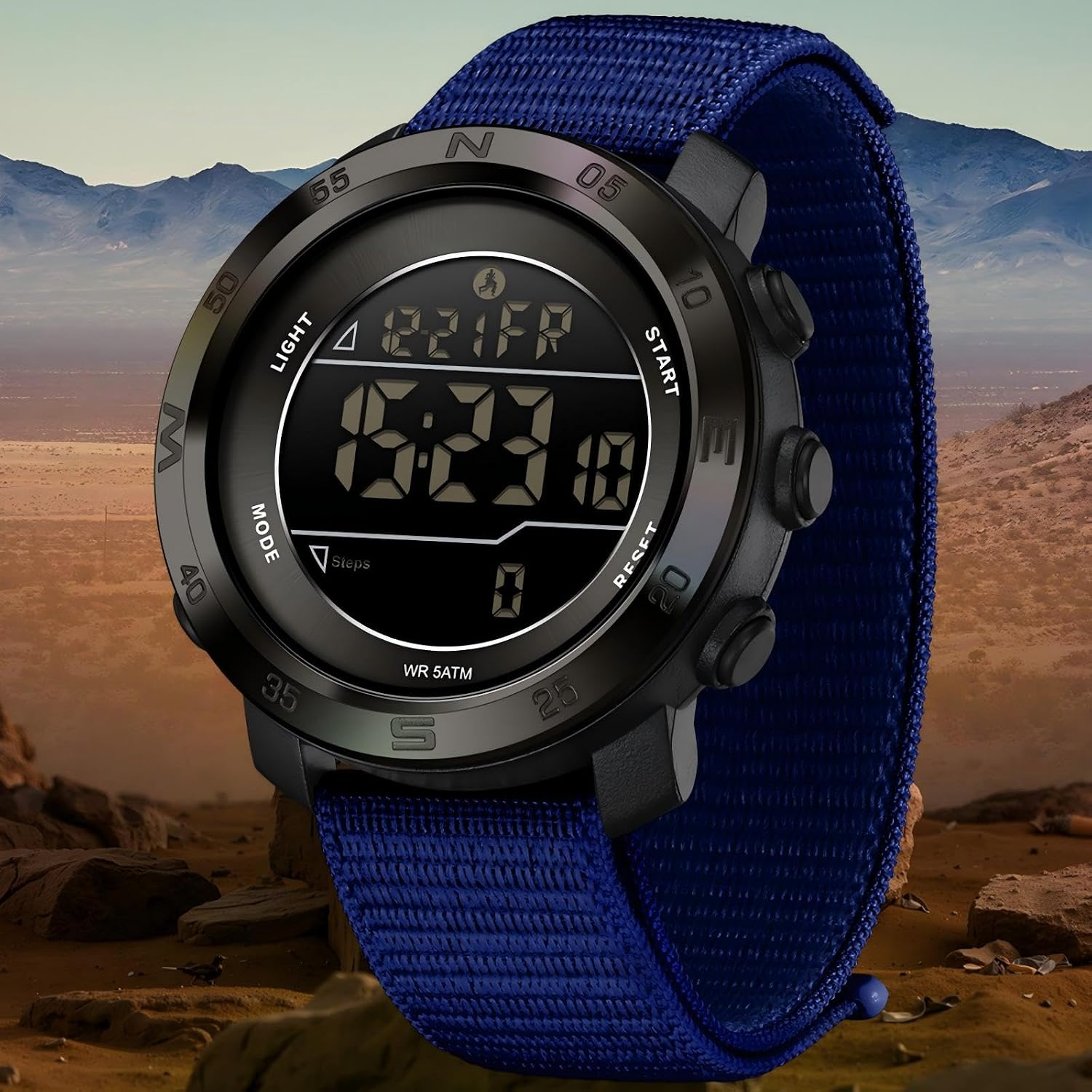 findtime Step Counter Watch No Phone Needed Pedometer for Walking Mens Women's Digital Watches with Calories Distance Alarm Countdown Timer Nylon Strap Blue