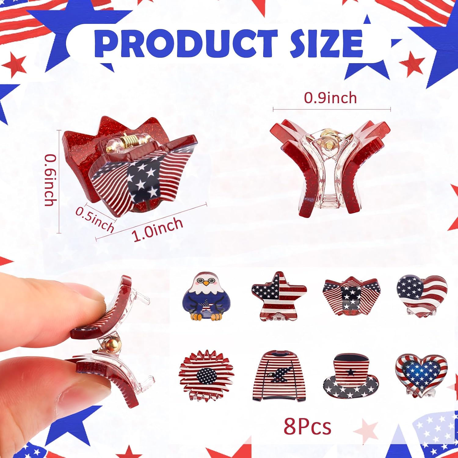 8Pcs Mini 4th of July Hair Clips for Girls Women, Cute Patriotic Mini Claw Clips, Red White Blue USA Flag Hair Accessories for Independence Day Memorial Day Veterans Day Holiday Party Hairstyle