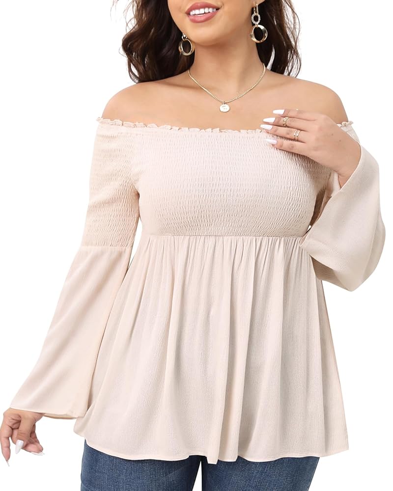 Pinup Fashion Women Plus Size Off The Shoulder Tops Beige