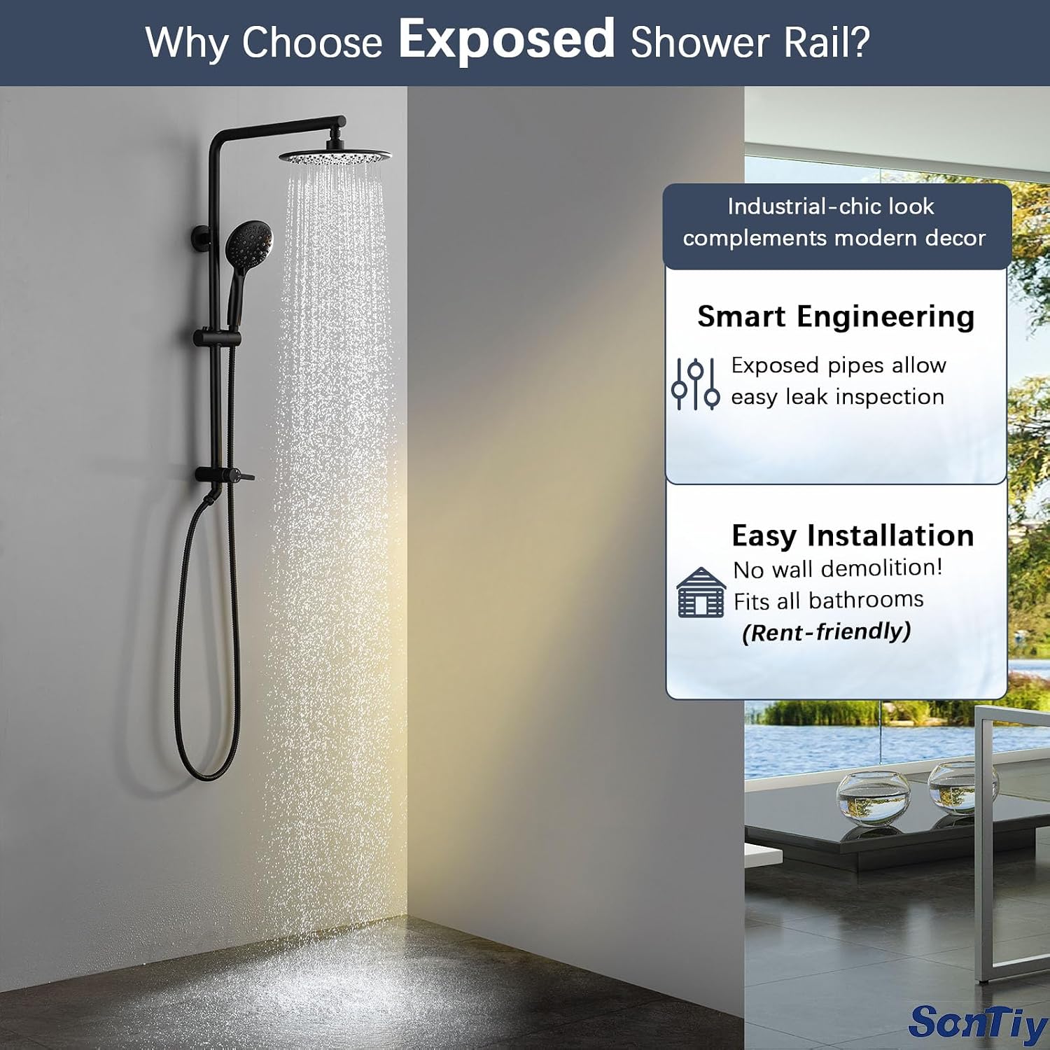 SonTiy 5-Function Retrofit Shower System Matte Black 9 Inch Rain Shower Head with Handheld Spray, Outdoor Stainless Steel Shower Rail Kit for Shower Remodel 2.5Gpm