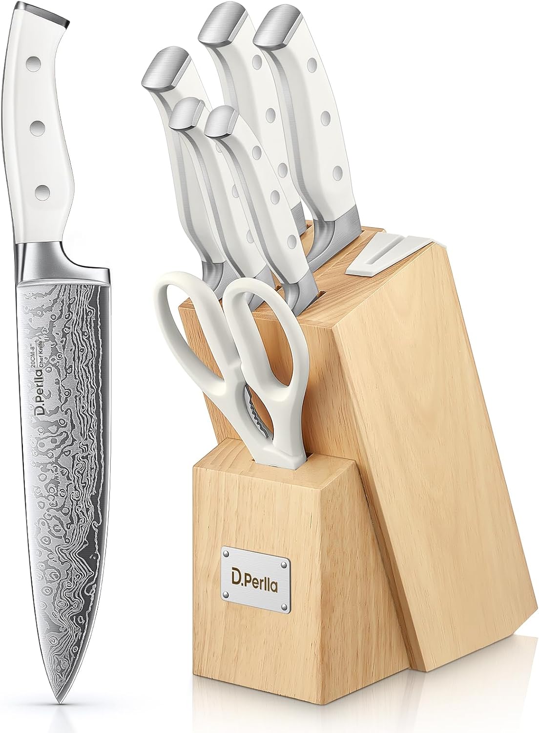 Knife Set, D.Perlla 8 Pieces Kitchen Knife Set with Built-in Sharpener, HIgh Carbon German Stainless Steel Knife Block Set with Unique Waved Pattern, Non-slip Handle, White