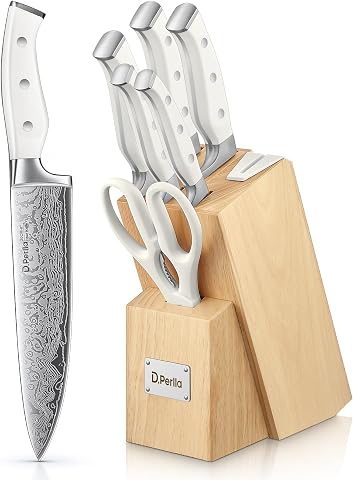 D.Perlla Juego de Cuchillos de Cocina Profesional, Juego de Bloque de Cuchillos de Cocina de Acero Inoxidable Alemán de 7 Piezas con Afilador Incorporado, Blanco