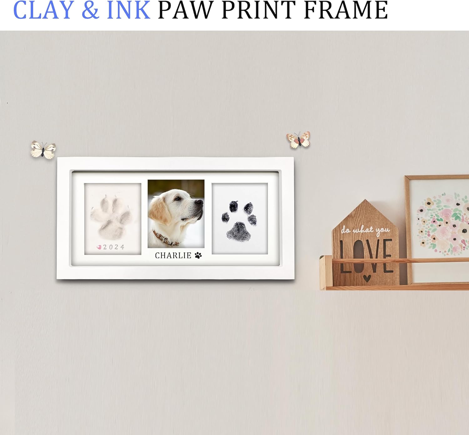 MYPAWLETS Paw Print Frame Kit,Dog/Cat Paw Print Kit,Soft Pawprint Clay&Clean Touch Ink Pad,Pet Paw Print Impression Kit with Customization Tool,Wooden Pet Memorial Frame,DIY Dog Lover Gifts-White - Image 2