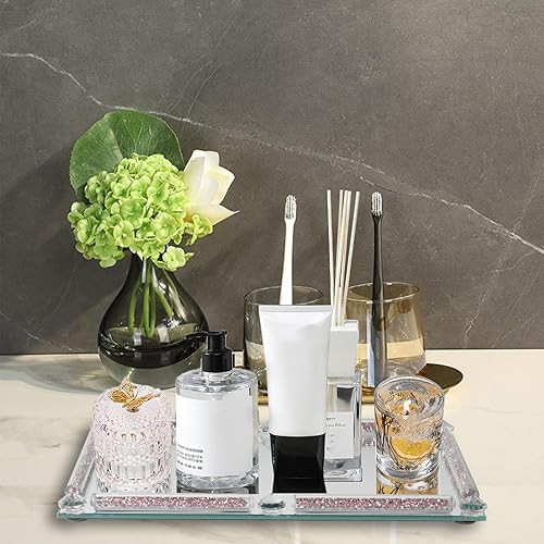 Miniatura 5 de Bandeja de espejo rosa, cristal de cristal, rectangular, lujo, glamour, cosméticos, perfumes, joyas, decorativo, entretenimiento, 11.8 x 7.9 x 1.2