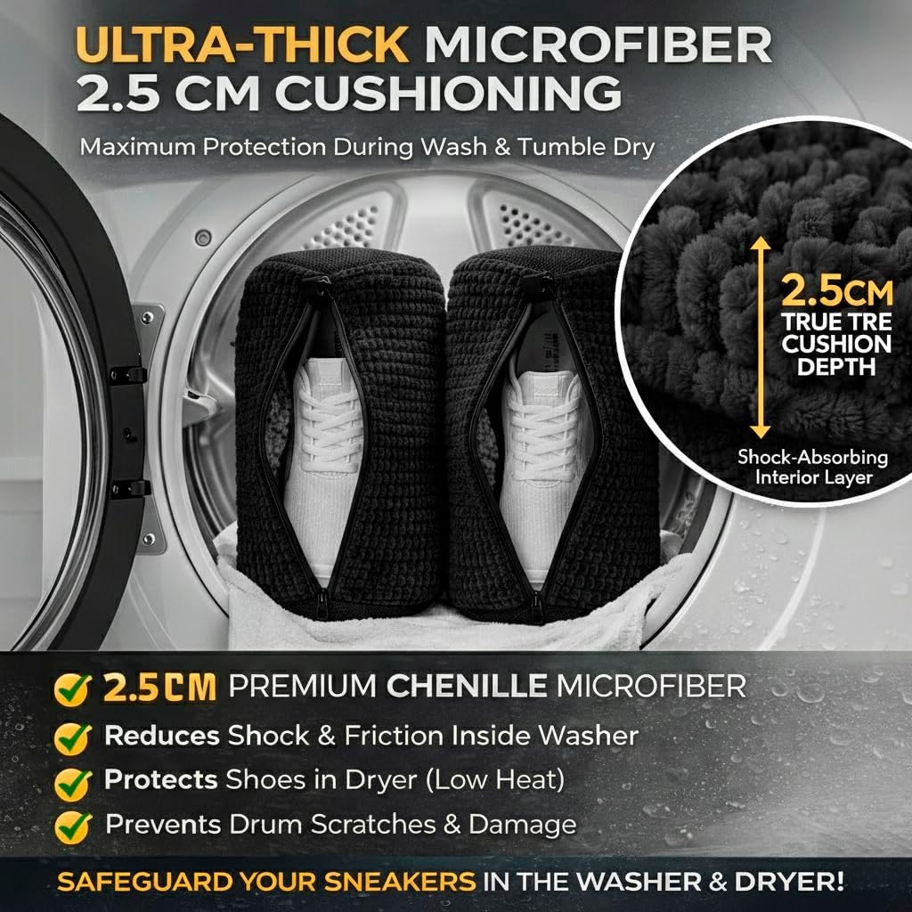 Shoe Washing Machine Bag 2 Pack for Washer & Dryer – Thick Padded Sneaker Laundry Bags with Mesh Panels & Zipper, Protective Shoe Washer Bag for Running & Gym Shoes (Black)