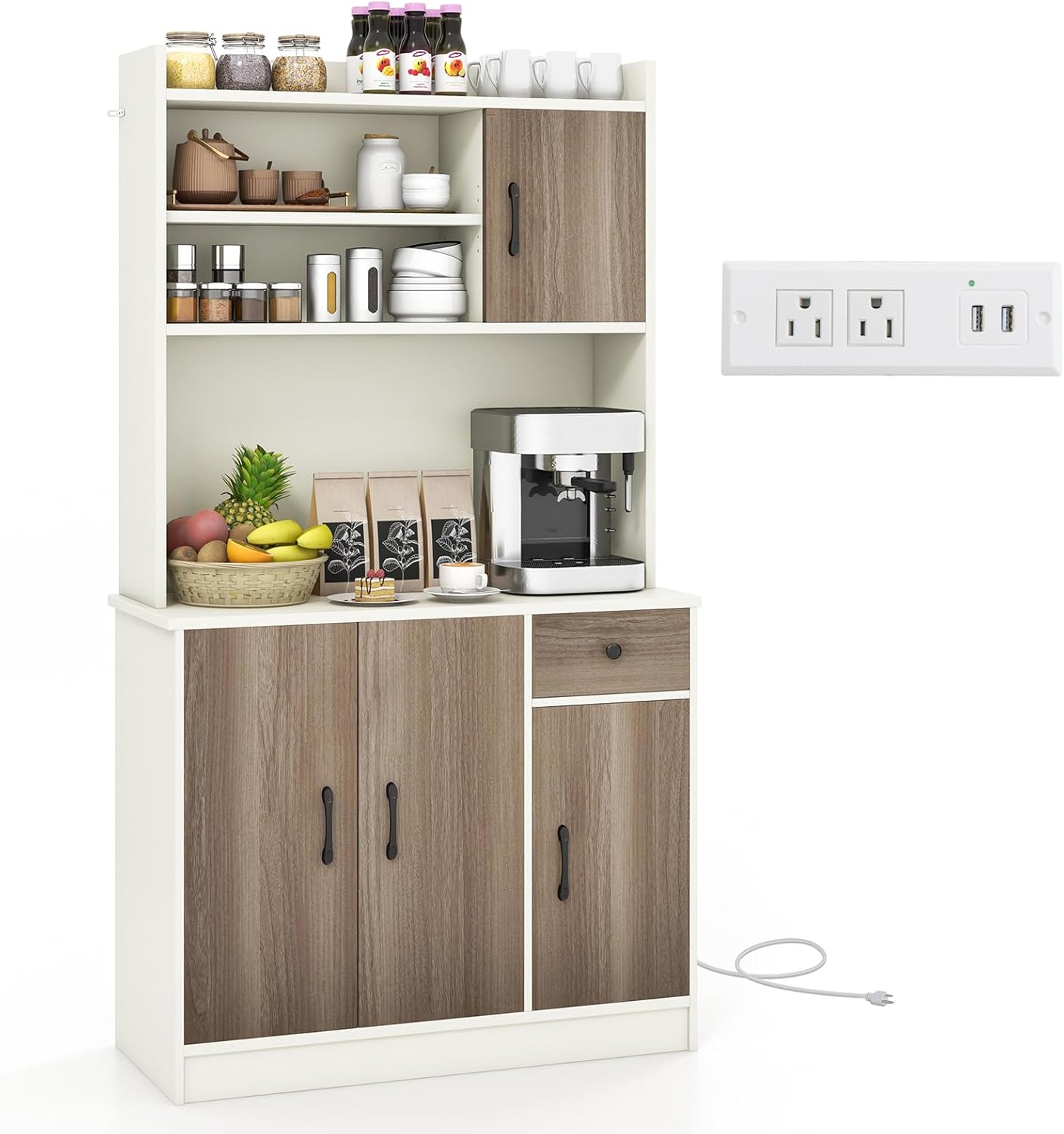 Giantex 71" Buffet Hutch Cabinet with Power Outlet, Kitchen Hutch Sideboard, Buffet Pantry on Island, Wood Kitchenware Server with Drawer, Shelf and Storage Cabinet (White & Walnut)