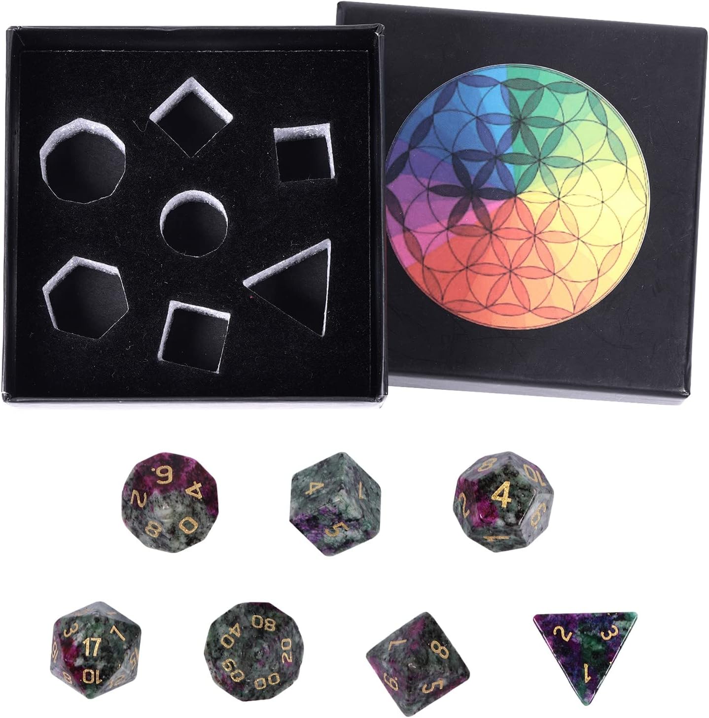mookaitedecor 7 PCS Ruby in Fuchsite Crystal Polyhedral DND Dice Set, Polished Tumbled Stones Dices for RPG MTG Table Games Home Decoration