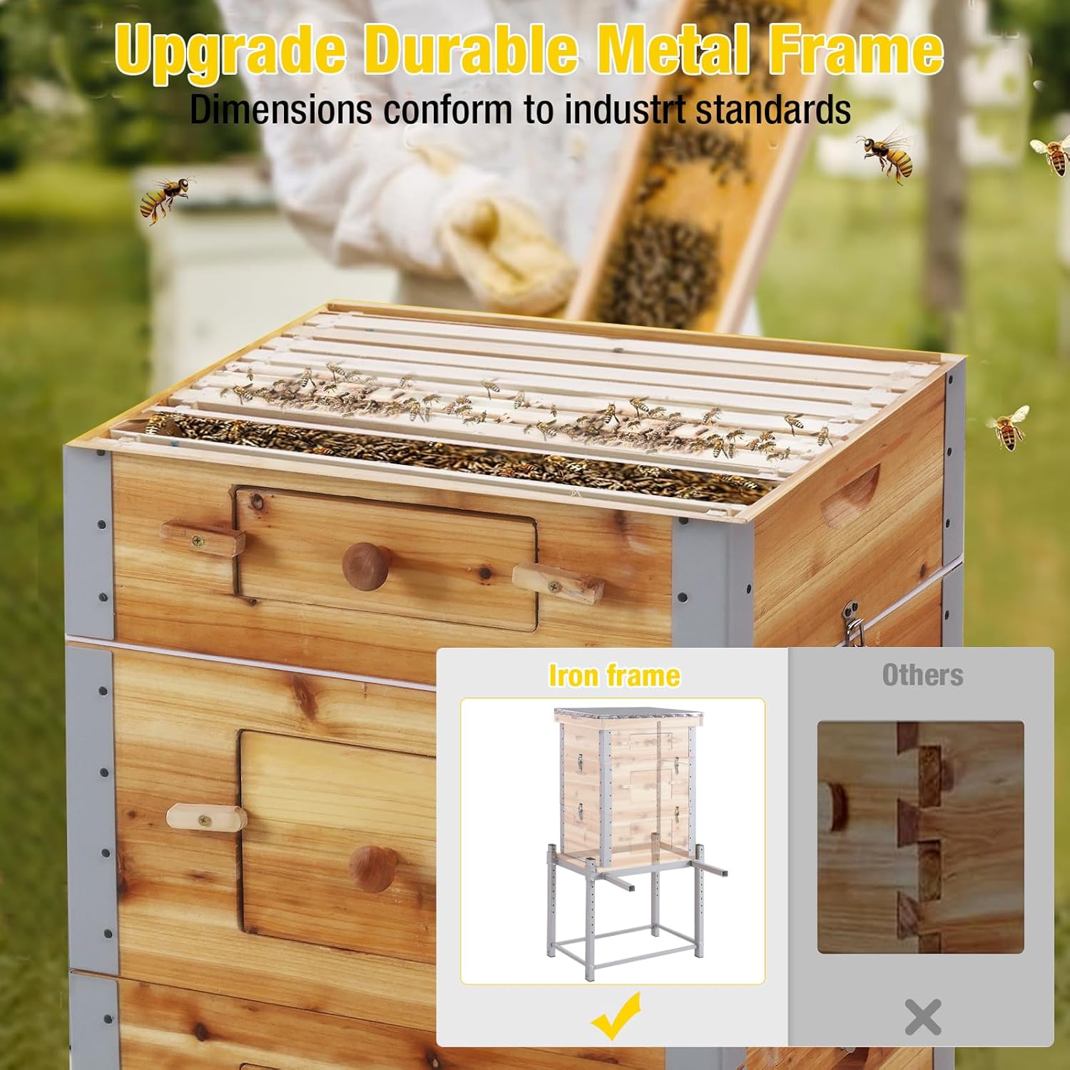 Bee Hive Bee Box 10 Frame Bee Castle with Beehive Metal Frames,100% Beeswax Coated Bee Hive Includes Waxed Foundations,2 Deep Boxes &1Medium Box(3 Layer)