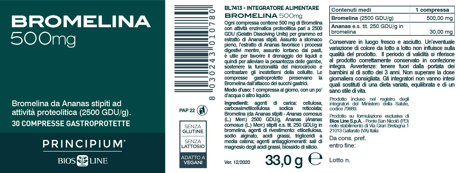 BIOS LINE Principium Bromelina 500 mg, Integratore alimentare con Estratto d'Ananas, Favorisce il Microcircolo, Integratore Drenante Contro la Cellulite, 30 Compresse