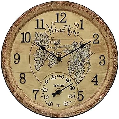 Taylor Wine Time - Reloj y termómetro de poliresina para interiores y exteriores, decoración del hogar para jardín, patio, piscina y áreas
