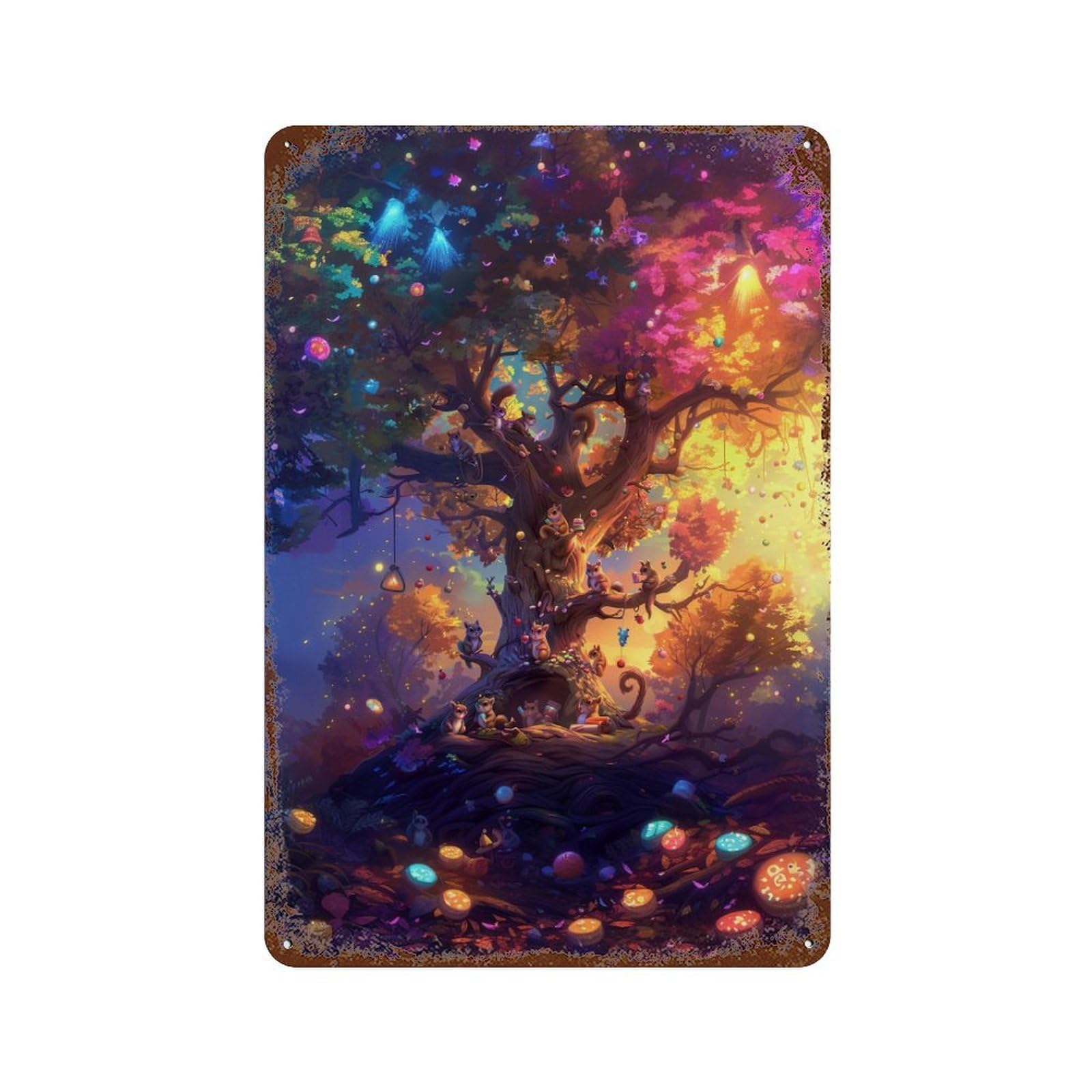Enchanted Forest Scene Weathered Tin Sign 11.8"x7.9", Farmhouse Wall Decor for Garage, Pub Or Kitchen