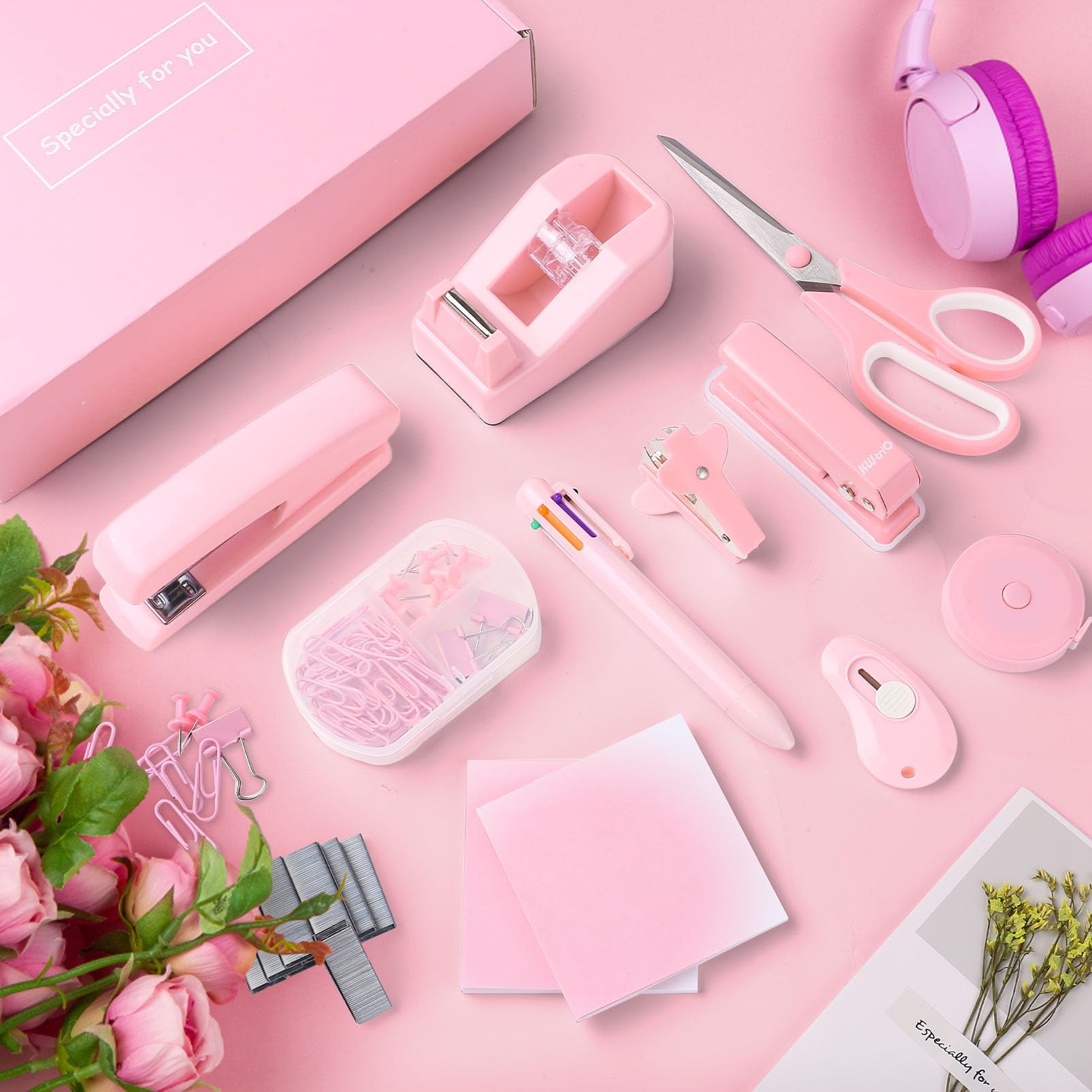 Kit de accesorios de escritorio rosa, bonito juego de suministros de oficina, juego de grapadora de escritorio, incluye removedor de grapas, dispensador de cinta perforadora, bolígrafo, tijera, mini