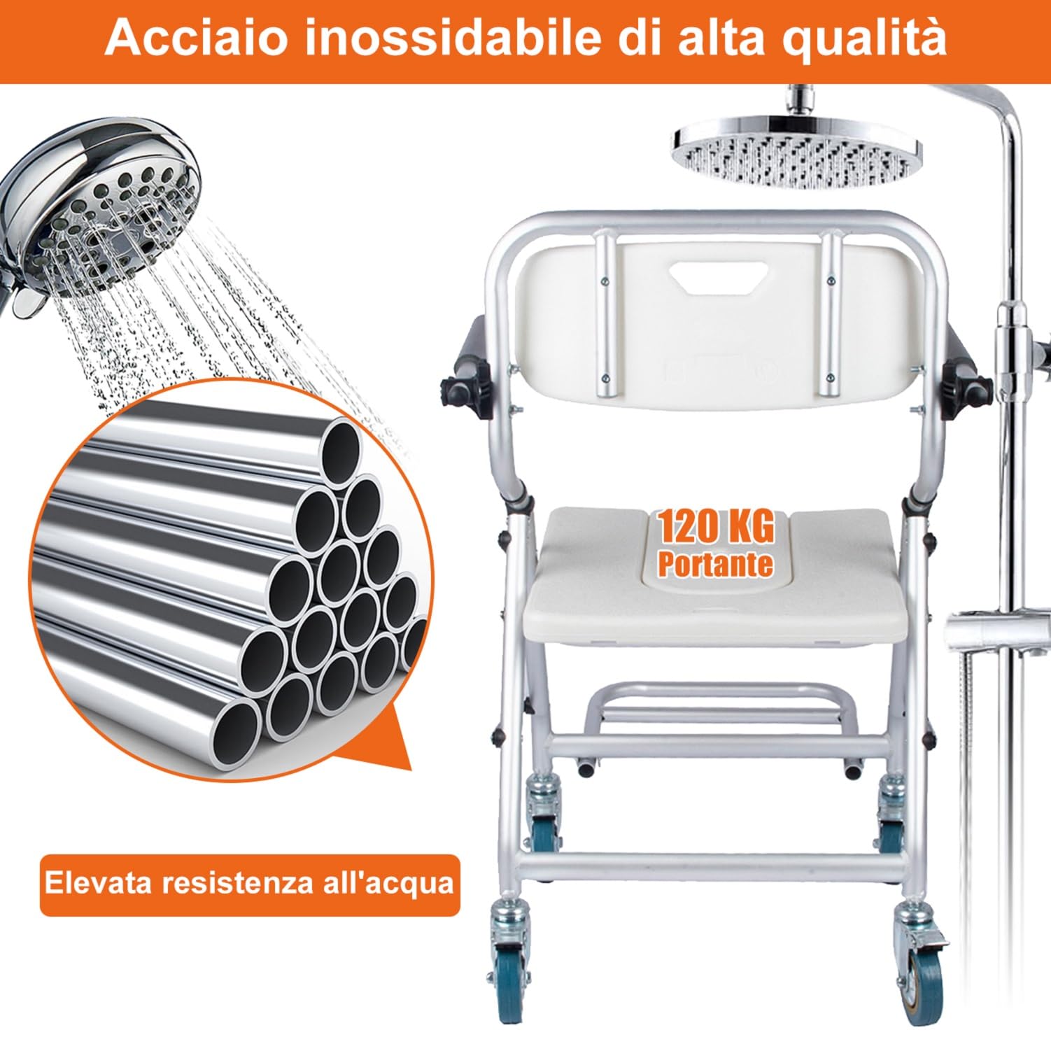 Sedia Doccia Anziani con Ruote Pieghevole, Carico 120 kg | Sedia da Doccia per Disabili con Ruote, Sedia da Bagno per Disabili Installazione Senza Attrezzi