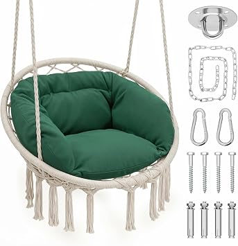 Magshion Macrame Hanging Hammock Chair with Cozy Full Cushion, Green | Cotton Woven Rope, Hardware Kit Included, 350 lbs Capacity, Perfect for Porch Patio Backyard Bedroom
