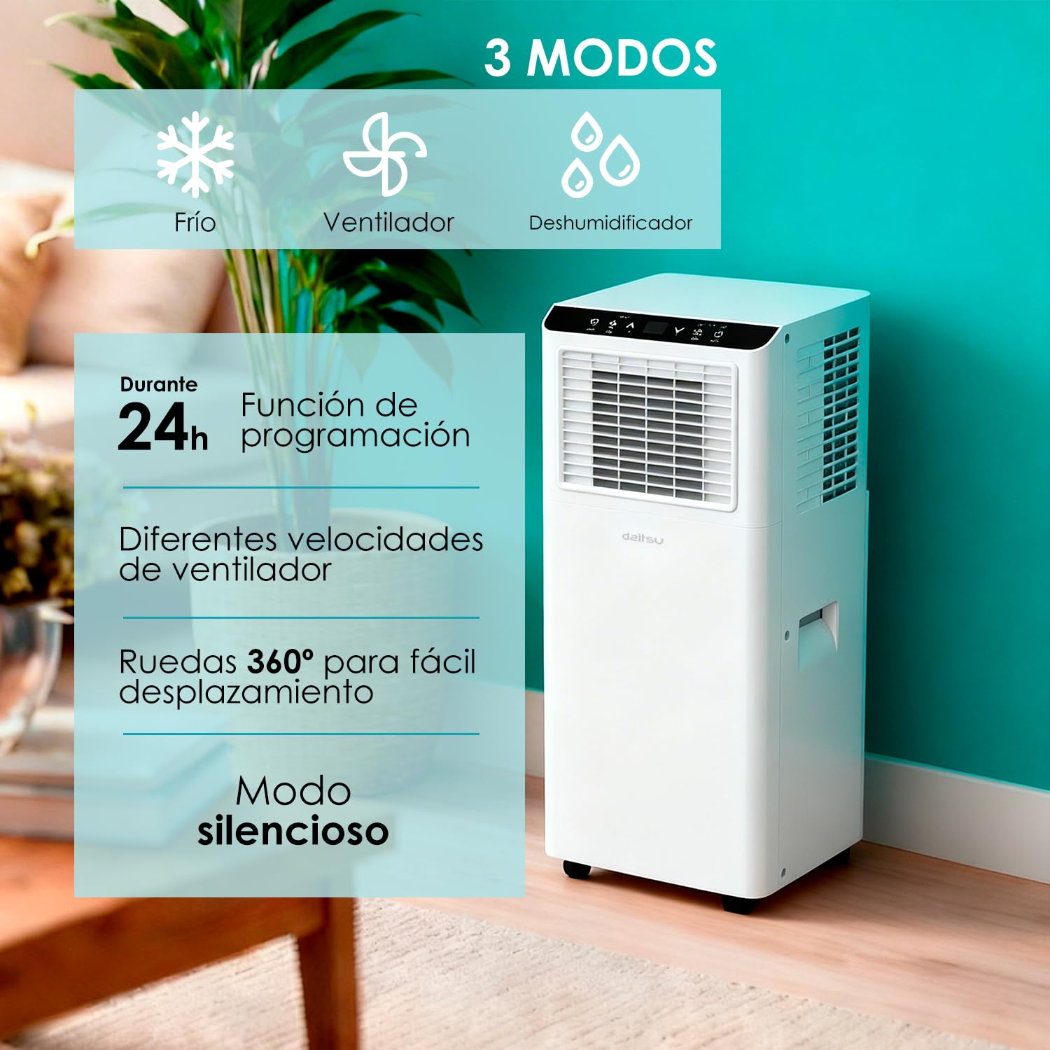 Daitsu Aire acondicionado portátil 3 en 1: Frío, Deshumidificador, Ventilador | Hasta 22 m² | Clase A | Mando inalámbrico | Silencioso y Compacto | Aeris Cool APD-09FXA