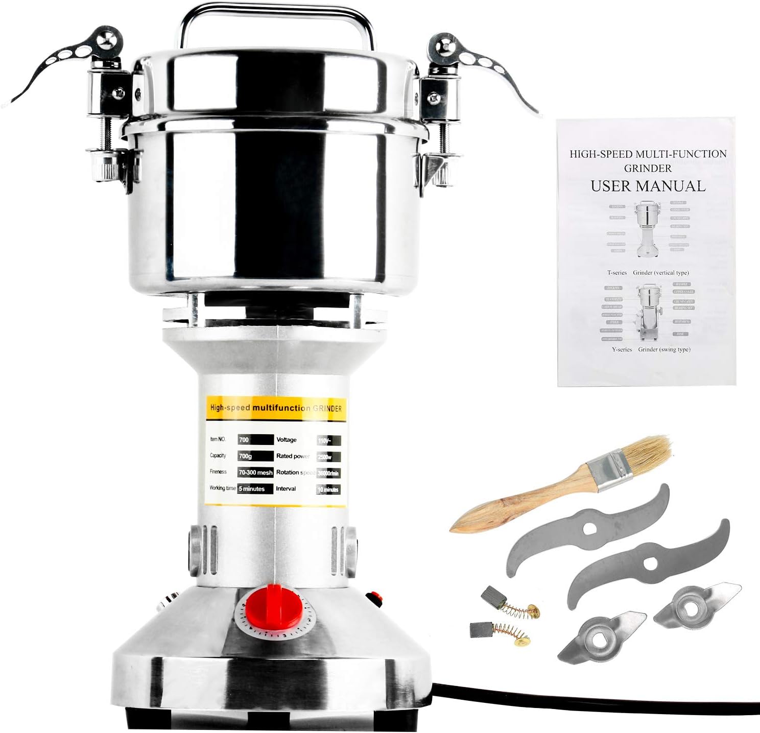 Homend High Speed 700g Electric Grain Mill Grinder Powder Machine Spice Herb Grinder 2500W 70-300 Mesh 36000RPM Stainless Steel Commercial Grade for Kitchen Herb Spice Pepper Coffee (700g)