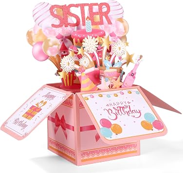Funny Happy Birthday Sister Pop Up Card, 3D Birthday Card with Envelope Unique Gift for Women Party Decoration Keepsake