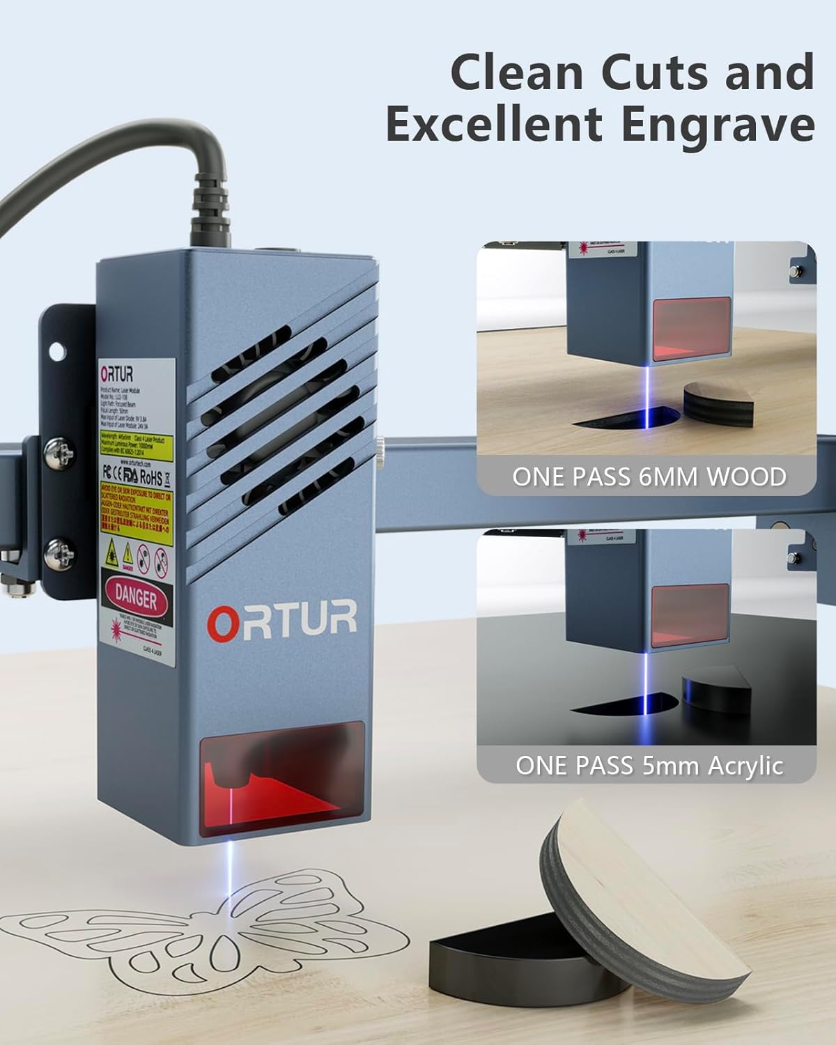 Close-up of the laser module showing clean cuts on 6mm wood and 5mm acrylic in a single pass