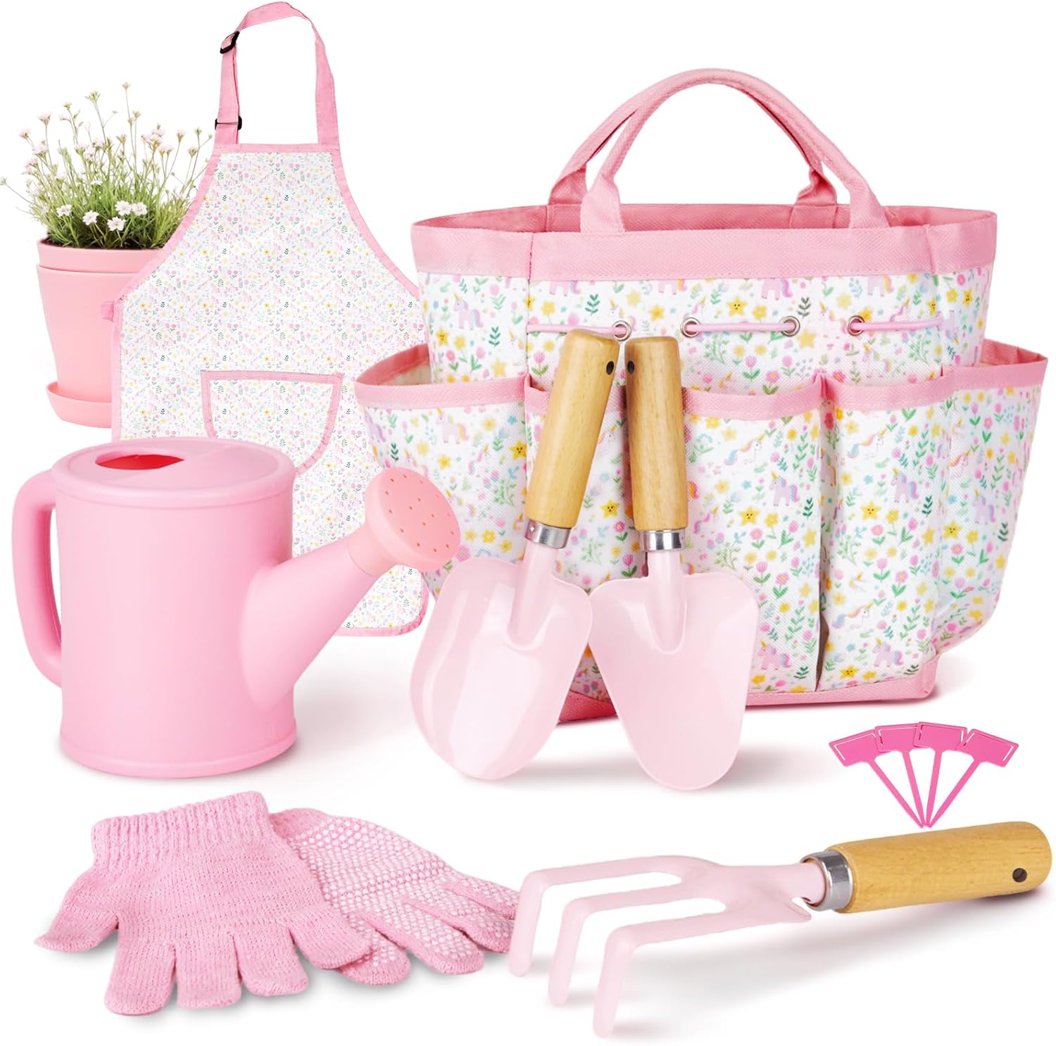 Kids Gardening Set, Gardening Tools Kit for Kids and Toddler, Includes Wooden Rake, Two Shovels, Gloves, Watering Can, Apron, and Tote Bag, Outdoor Toys for Girl Boy, Pink