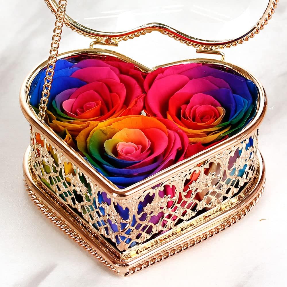 Enchanted Real Preserved Forever Roses in Vintage Heart Shaped Rose Gold Glass Jewelry Box, Fresh-Cut Eternity Flowers That Last Years, Valentine’s Day, Mother’s Day, for Her (Rainbow)