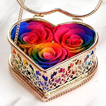 Enchanted Real Preserved Forever Roses in Vintage Heart Shaped Rose Gold Glass Jewelry Box, Fresh-Cut Eternity Flowers That Last Years, Valentines Day, Mothers Day, for Her Rainbow