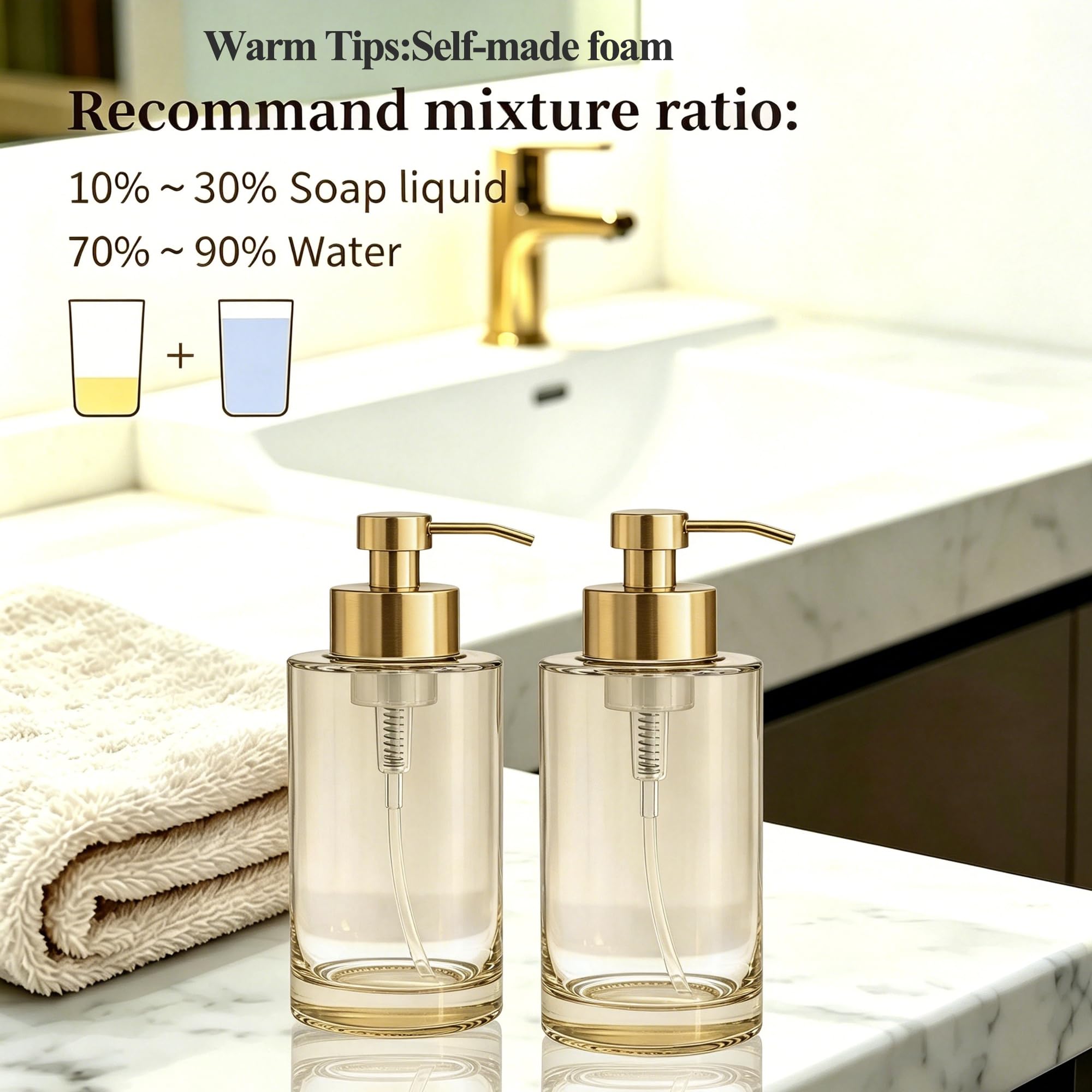 Dispenser di sapone per le mani in schiuma, 350 ml, dispenser di sapone in schiuma di vetro per bagno, cucina, dispenser di sapone in schiuma di vetro spesso con pompa in acciaio inossidabile