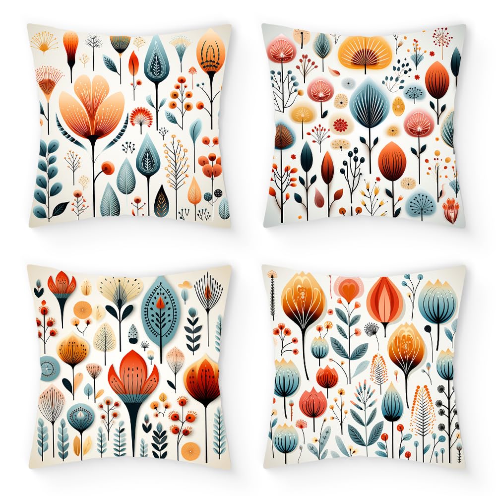 Umootek4Pcs Nordic Style Printed Throw Pillow Covers, 18 x 18in Short Plush Abstract Plants Square Pillow Covers Set Cushion Case for Couch Sofa Bed Chair Home Farmerhouse Decorations