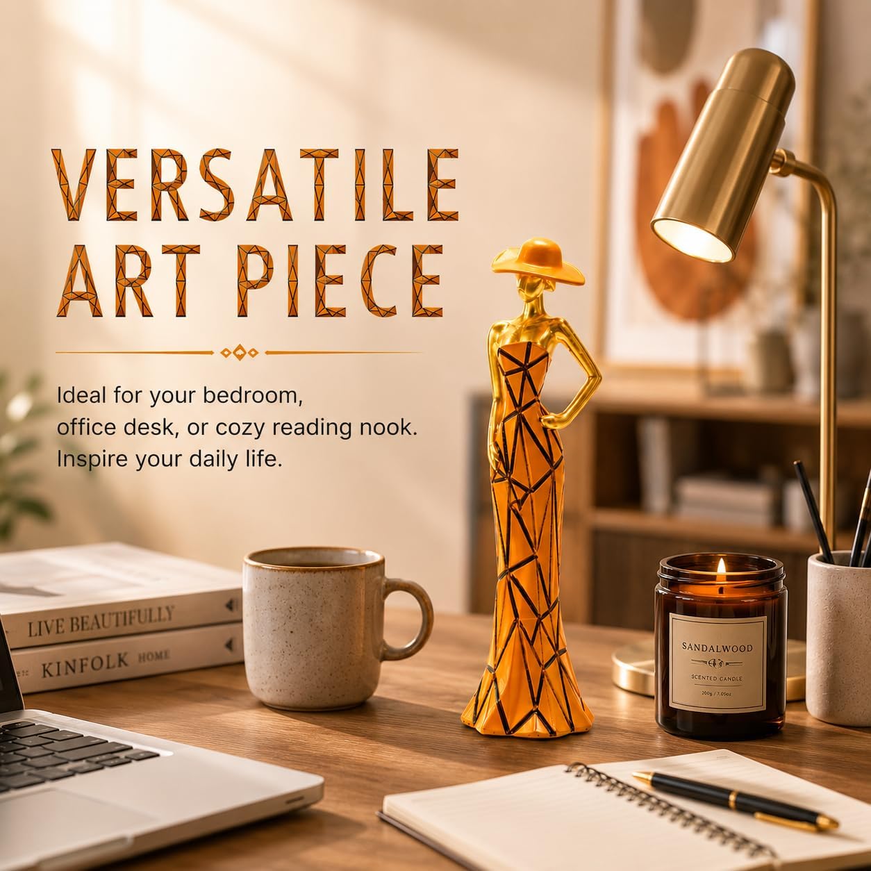Modern Abstract Female Statue - 10.75" Elegant Woman Sculpture with Hat, Geometric Art Figurine for Bookshelf, Living Room, Office Desk & Bedroom Decor - Unique Gift for Women （Gold）