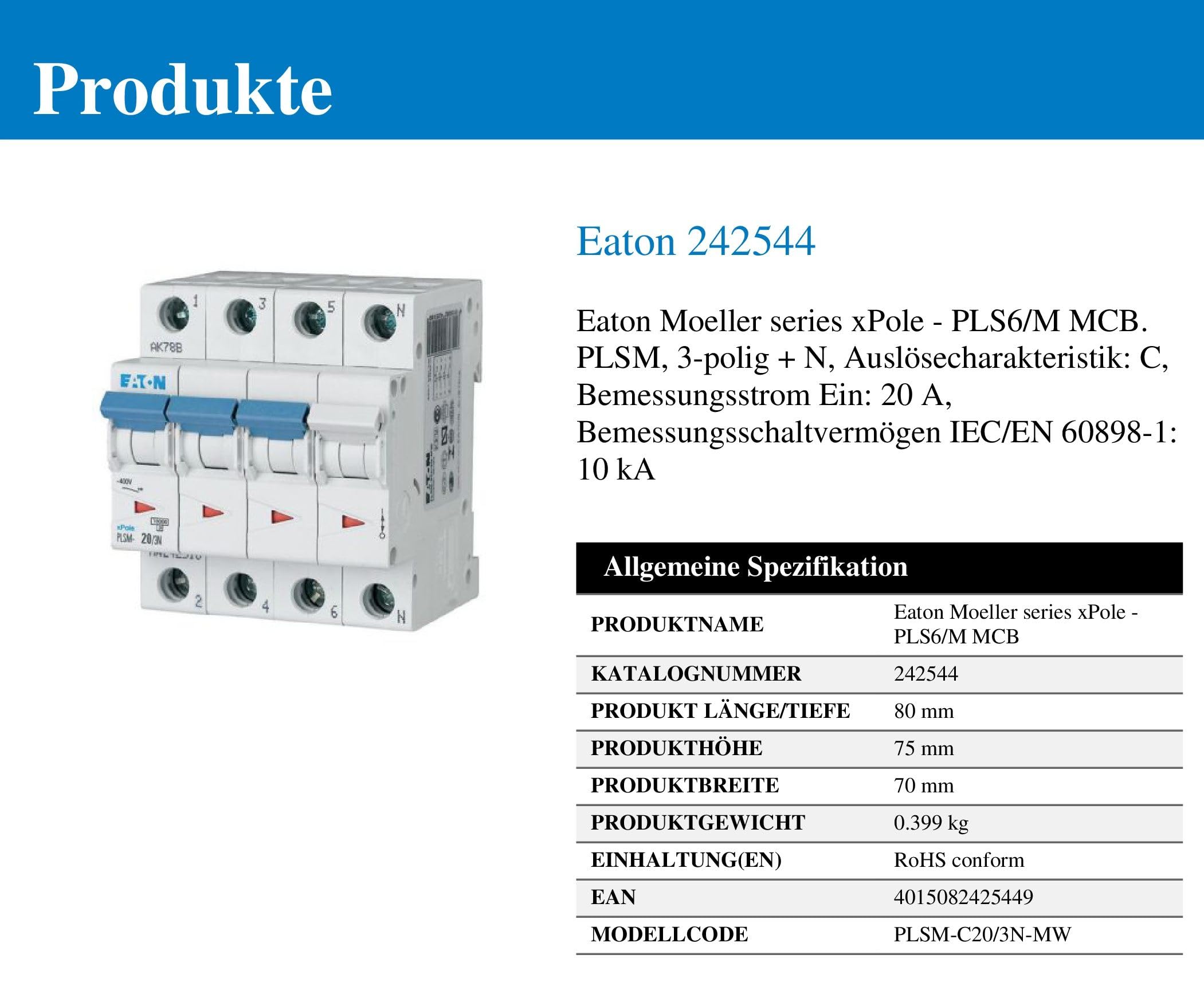 EATON PLSM-C16/3N-MW Interruptor Magnetotérmicos, 3P+N, Curva C, 16A, 7.5cm x 7.0cm x 8.0cm