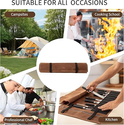 Miniatura 7 de Bolsa enrollable para cuchillos de chef, bolsa de lona encerada, portátil con 10 ranuras para cuchillos de chef con 1 bolsillo con cremallera, puede