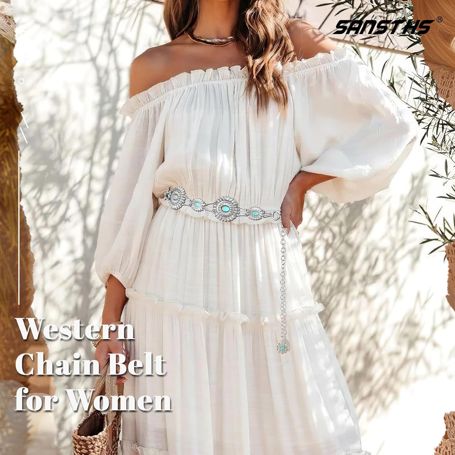 SANSTHS Women Western Concho Belt Cowgirl Boho Chain Belt Country Concert Metal Belt for Dresses - Image 3