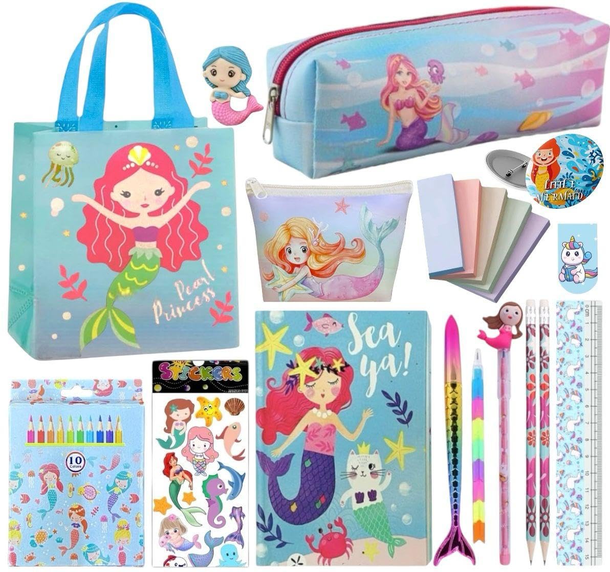 15 pcs mermaid under sea theme gift combo set for girls kids cute mermaid gift bag stationery set age 6-8 years 10-12 year i diary, stickers, pen-pouch, scale, badge, eraser, wallet & carry bag