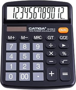 CATIGA 12 Digit Desk Calculator, Desktop Calculators with Large LCD Display & Big Buttons, Dual Power Solar & Battery, Standard Basic 4 Function Calculator for School, Office, Home