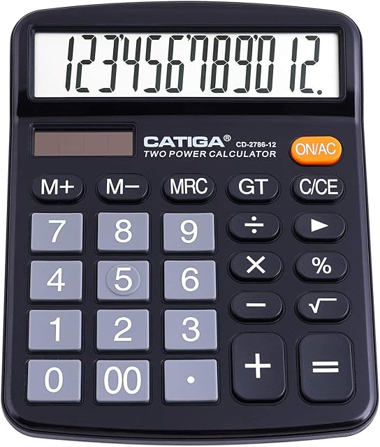 CATIGA 12 Digit Desk Calculator, Desktop Calculators with Large LCD Display & Big Buttons, Dual Power Solar & Battery, Standard Basic 4 Function Calculator for School, Office, Home