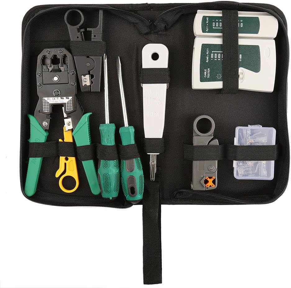 Hiija Network Tool Kits Professional Network Maintenance LAN Cable Tester, RJ45 Crimper 9 in 1 Repair Tools RJ45 Crimp Tool, 8P8C RJ45 Connectors, Cable Tester, Screwdriver, Stripping Pliers