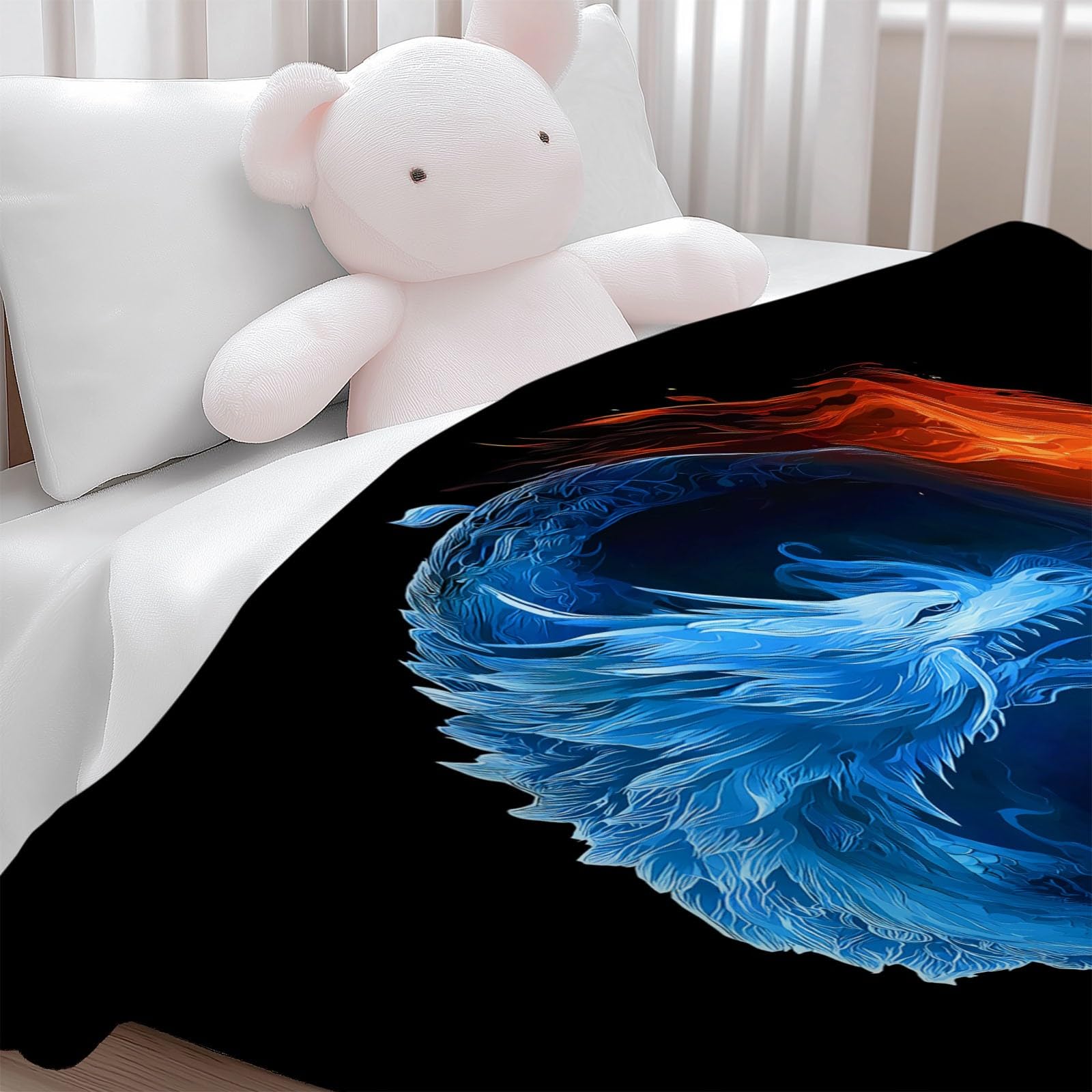 Koc polarowy, koc flanelowy z symbolem zwierzęcia Dragon Yin Yang, narzuta na sofę polarową, koc na łóżko 2-osobowe, gruby i ciepły pled wysokiej jakości, 220 x 240 cm, czarny