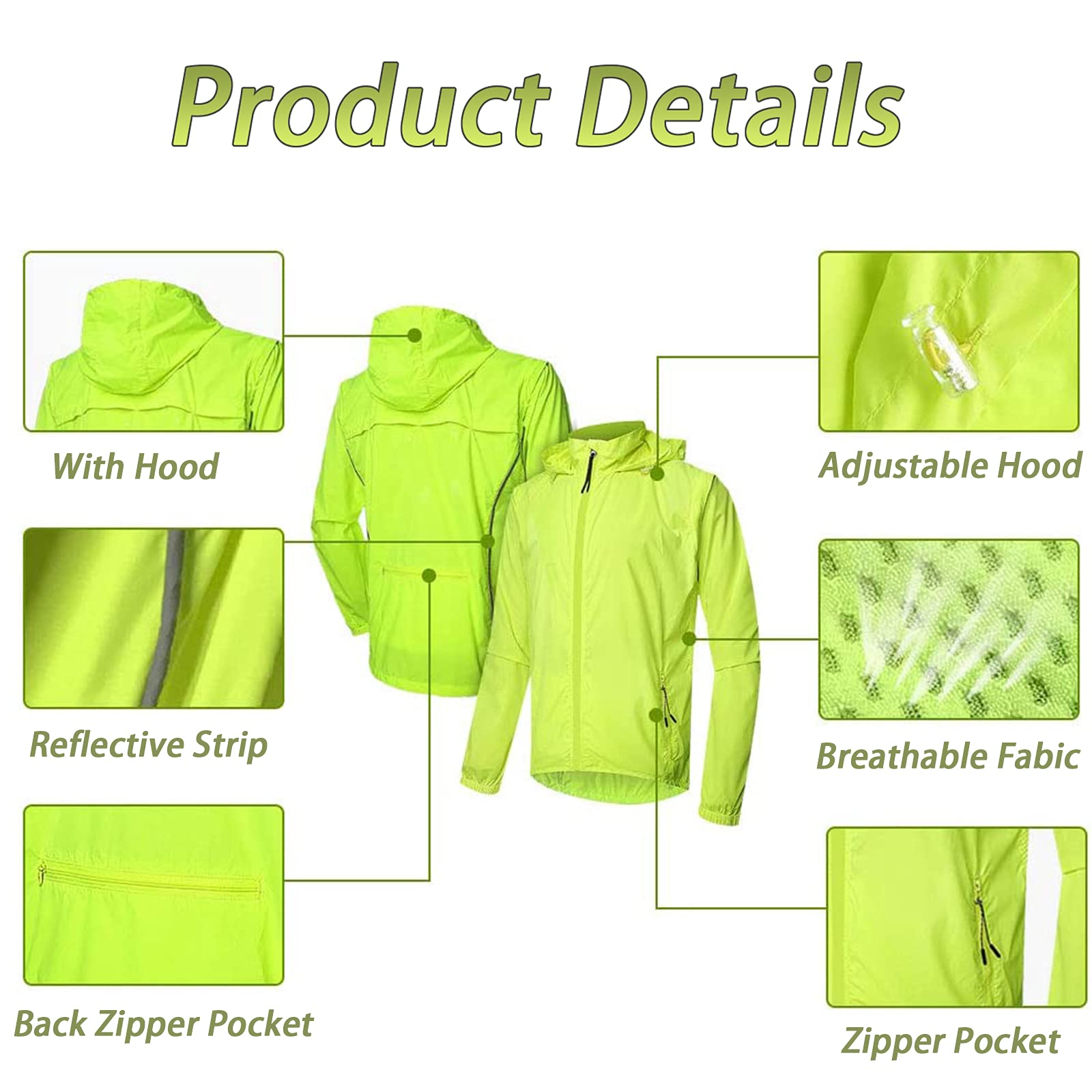 Langarm Fahrradjacke Herren,Sommer Wasserdicht Atmungsaktiv Fahrrad Klamotten,Winddichte Schnell Trocknen Regenjacke Laufjacke,für Radfahren Wandern Bergsteigen,Fluo