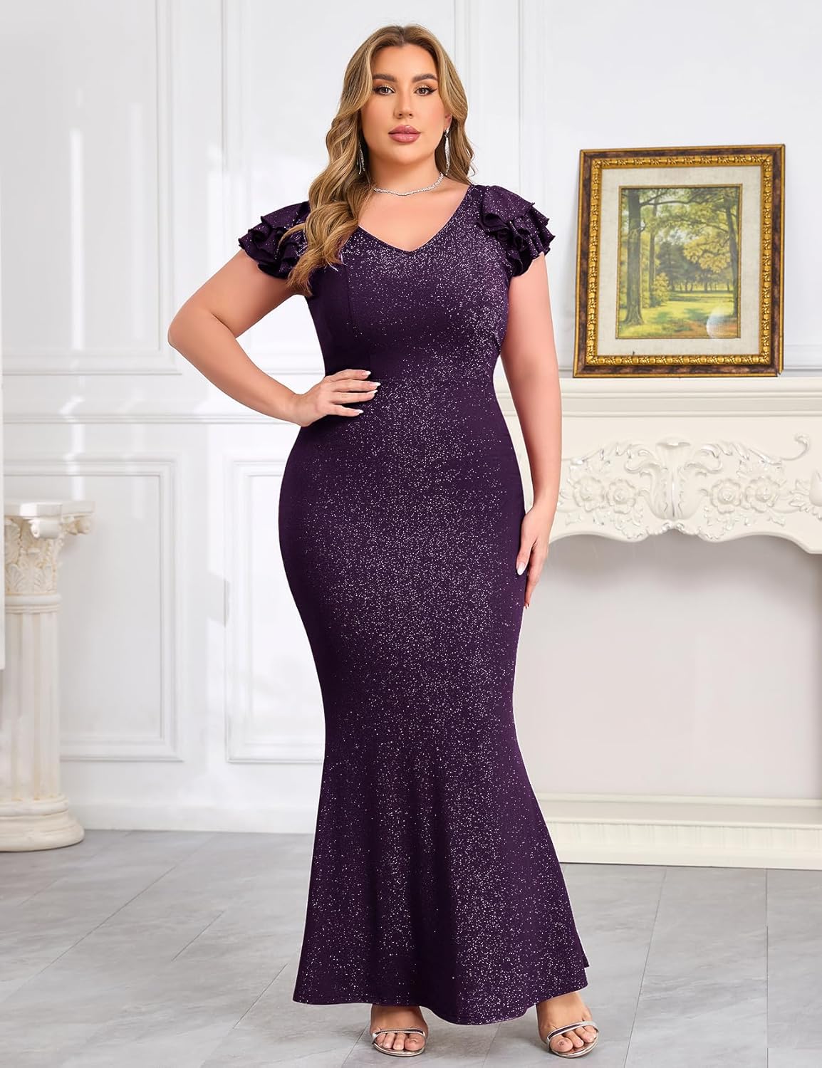 CYCLAMEN Plus Size Sparkly Formal Dress Mermaid Bodycon Maxi Evening Gown Prom Cocktail Banquet Wedding Guest