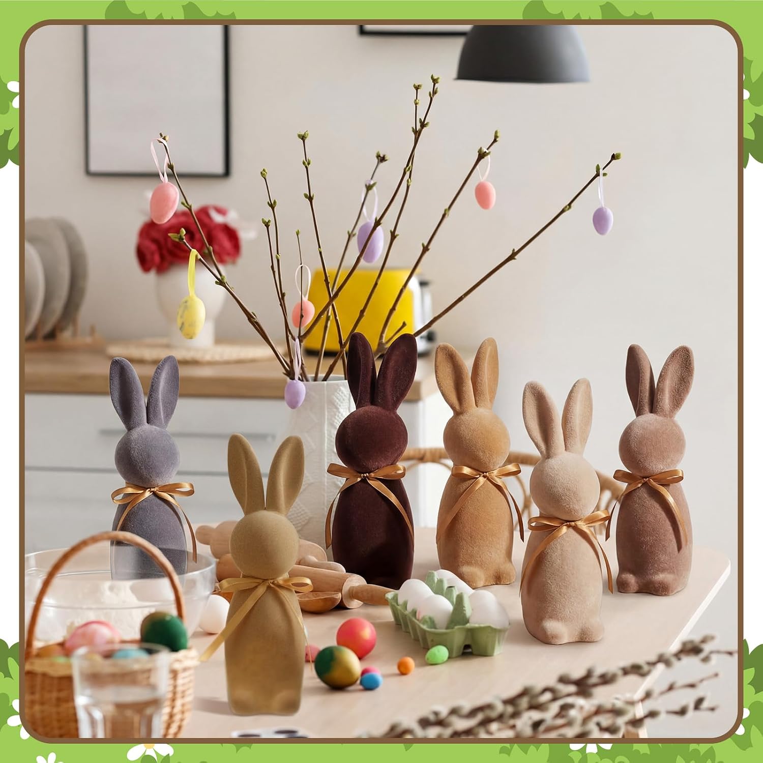 6 Pcs Easter Bunny Decorations Flocked Bunnies Figurine with Bow Tie Flocking Rabbit Tabletop Ornament for Easter Spring Signs Centerpieces for Farmhouse Home Decor (A Series of Brown,8.66")