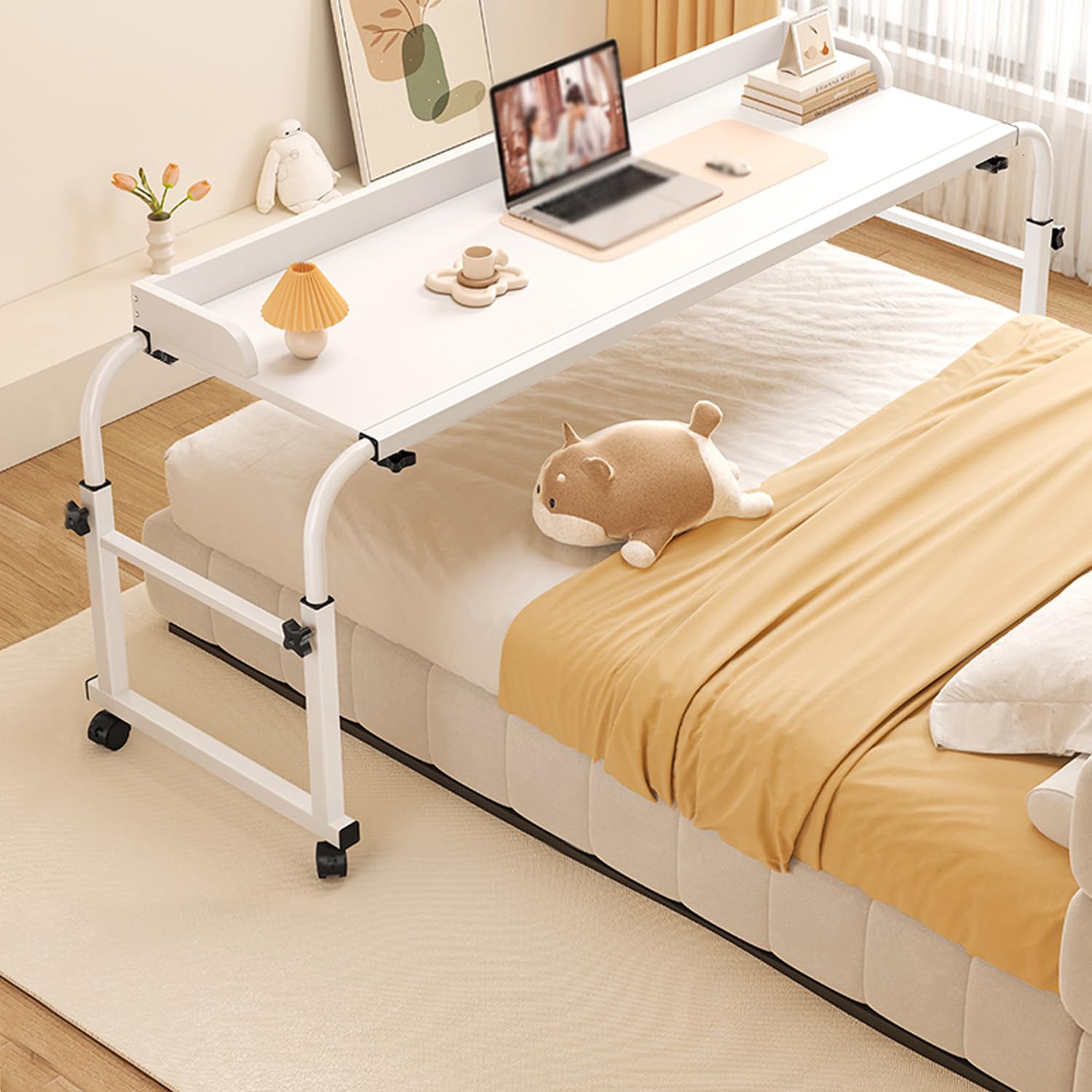 Table pliable réglable sur roulettes blanche pour lit et hôpital