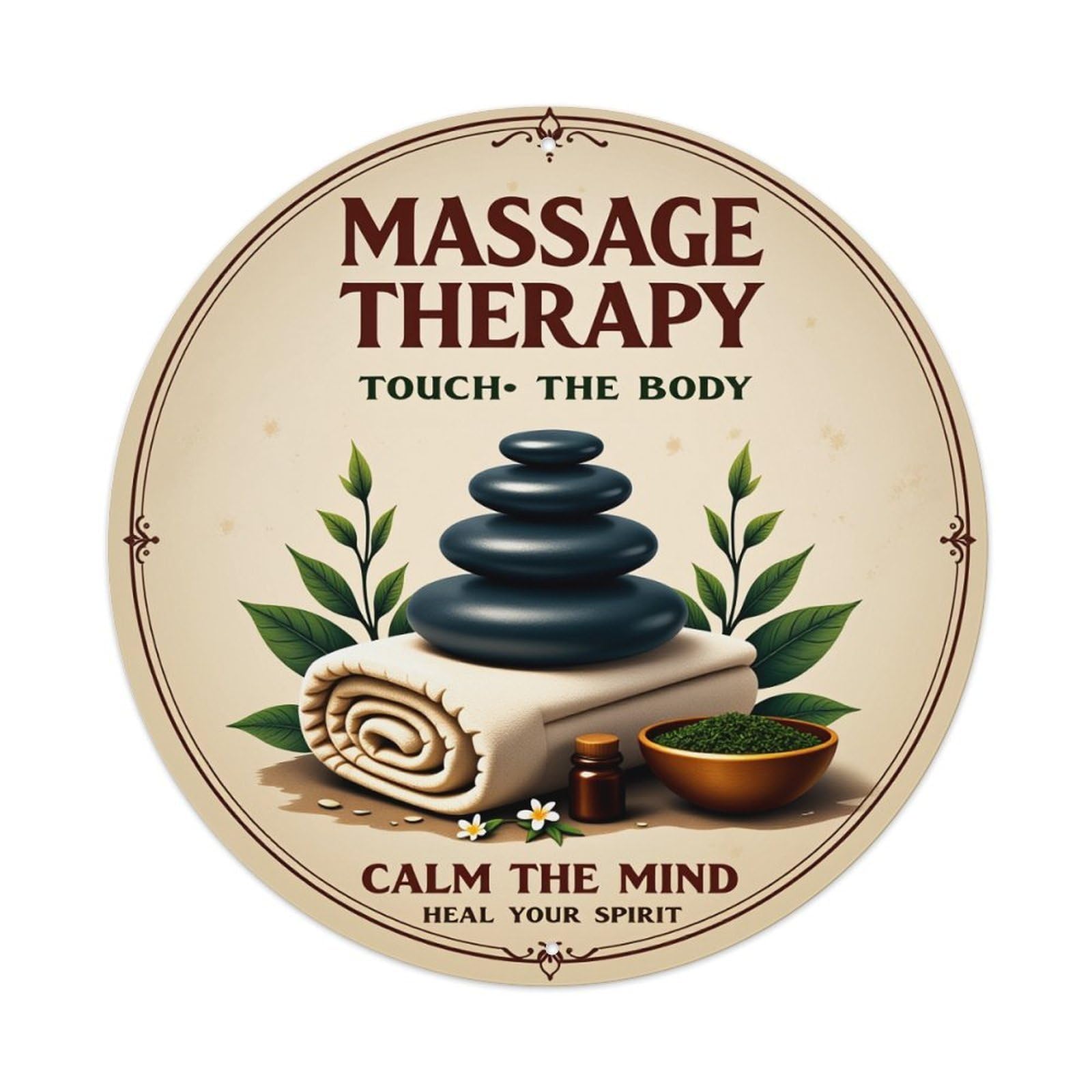 Wmlzdnwr Vintage Massage Therapy Touch The Body Calm The Mind Heal Your Spirit Round Tin Sign,Retro Wall Art,Metal Poster For Home, Bar, Garage, Cafe, Rustic Indoor & Outdoor Decor, 8X8 Inches