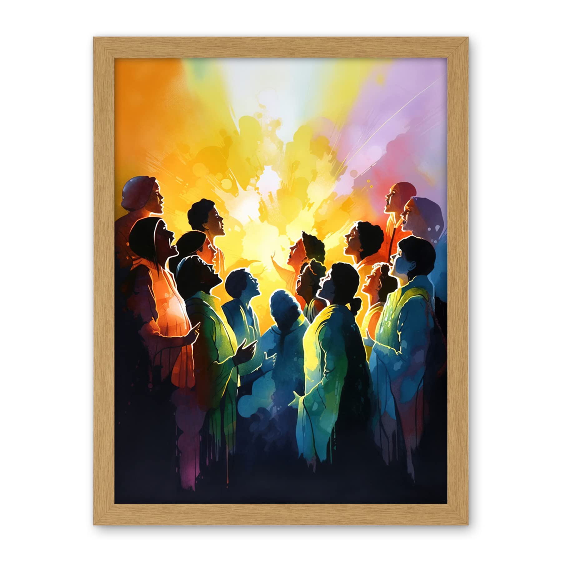 Artery8 Choir Women Singing by Bonfire Modern Rainbow Colour Watercolour Painting Artwork Framed Wall Art Print 18X24 Inch