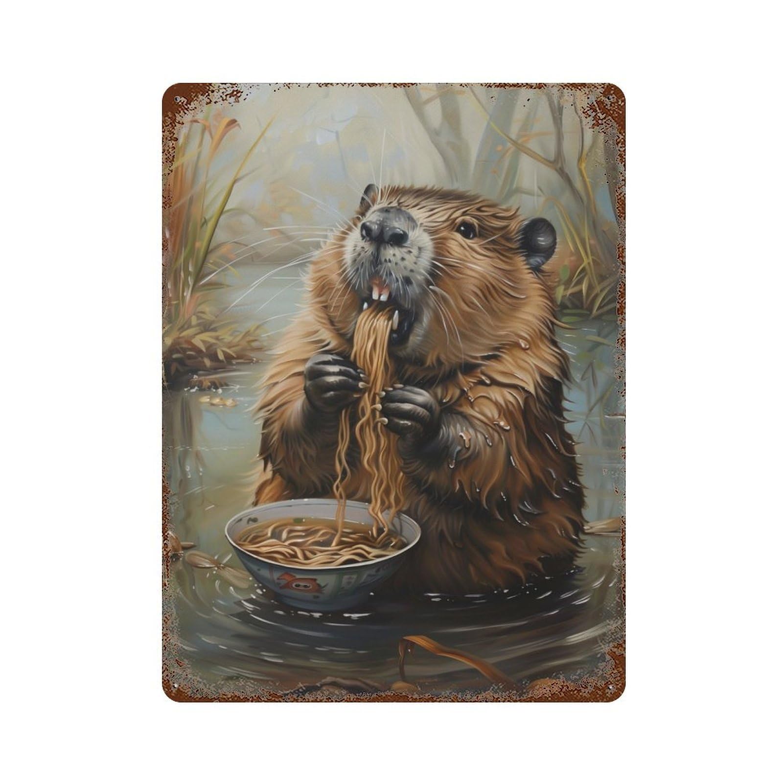 Ramen Spaghetti Beaver Aged Metal Wall Plaque 15.7"x11.8", Ideal for Garage, Bar And Workshop Decor